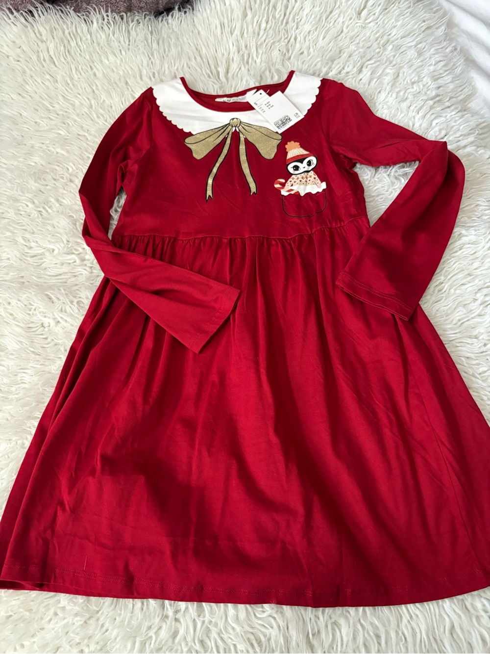 Kids Red Long-Sleeve Dress with Decorative Collar 8-10Y